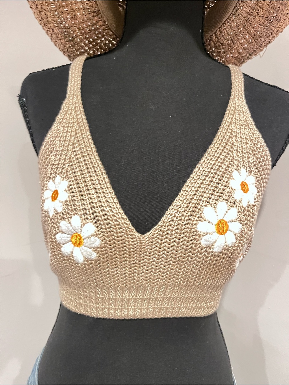 Beige Daisy Knit Bralette Top